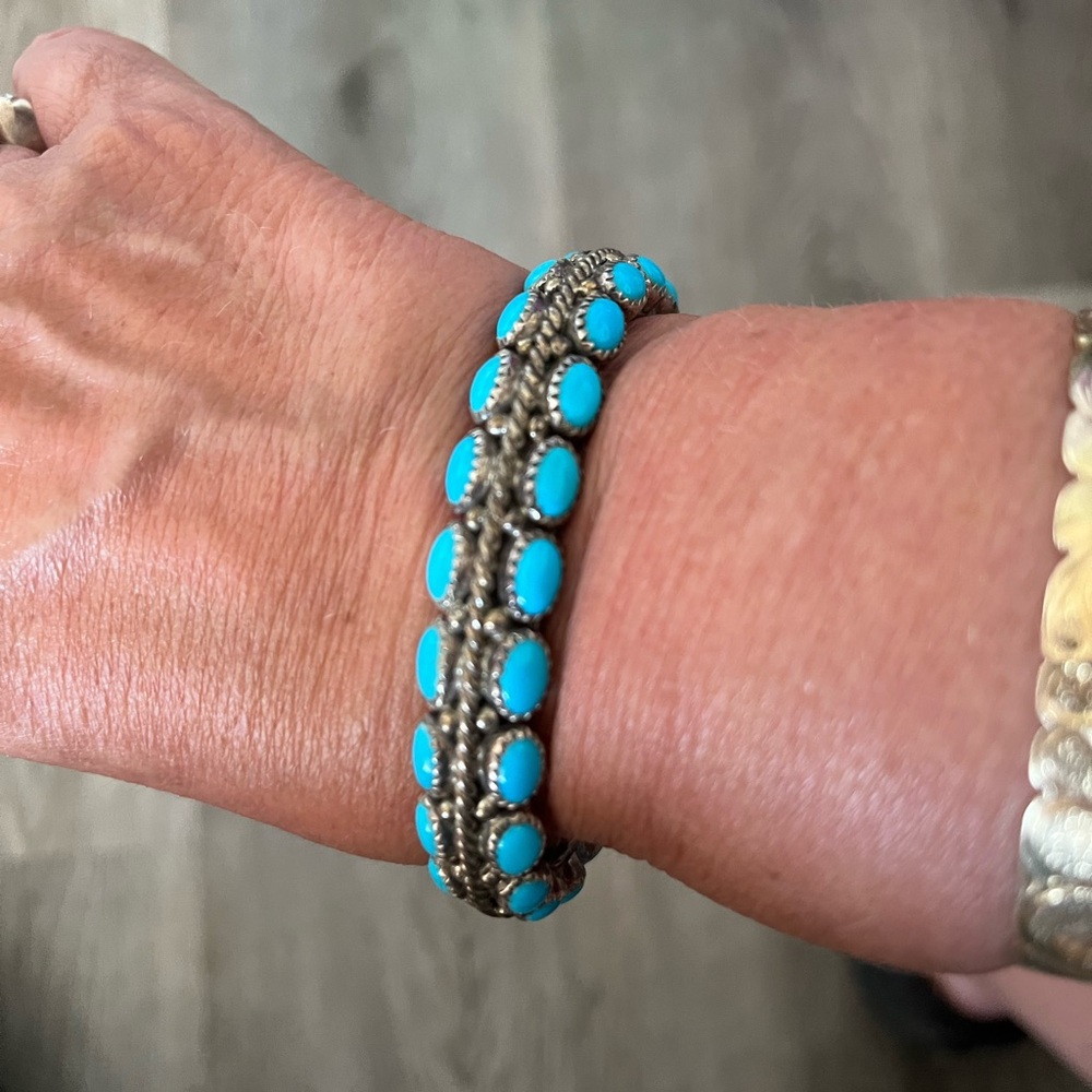 Native American sleeping beauty turquoise double row sterling cuff bracelet